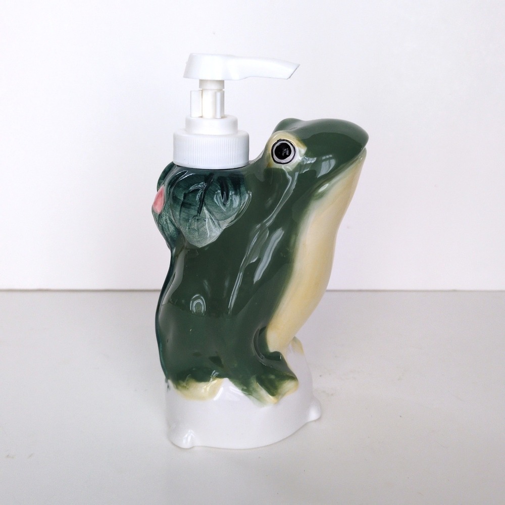 Vtg 1999 Frog Soap Dispenser Allure Green Ceramic Floral Whimsical Toad 90s 7in